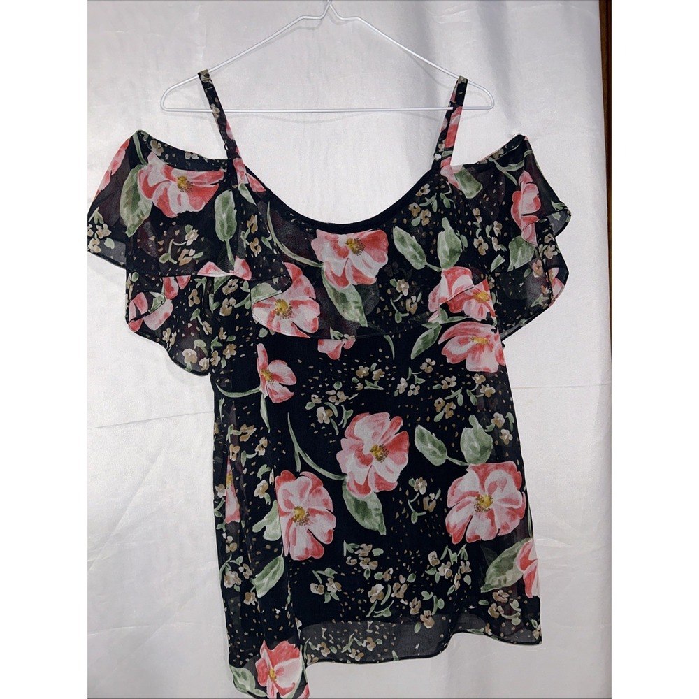 Cabi #5220 Fairytale Navy Pink Floral Cold Shoulder Ruffle Sleeve Blouse M